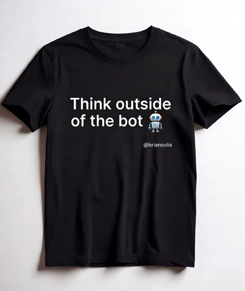 tshirt noir avec le message think outside the bot illustrant l’importance de garder créativité et esprit critique face à l’intelligence artificielle