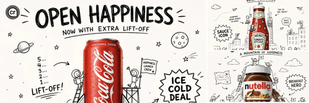 canette de coca cola photoréaliste entourée de doodles dessinés à la main dans un style publicitaire créatif généré par IA