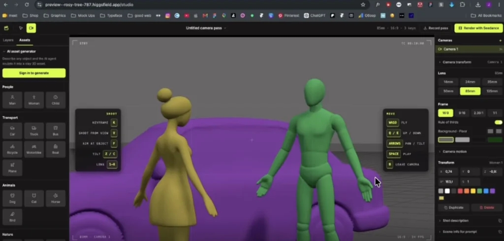 interface d’animation 3D avec personnages et paramètres de caméra illustrant un workflow de capture et reproduction de mouvements par IA
